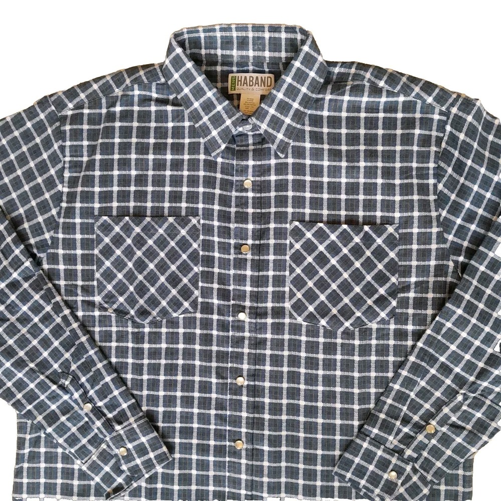 Haband Pearl Snap Button Front Flannel Shirt Mens Large Blue White‎ Plaid NWOT